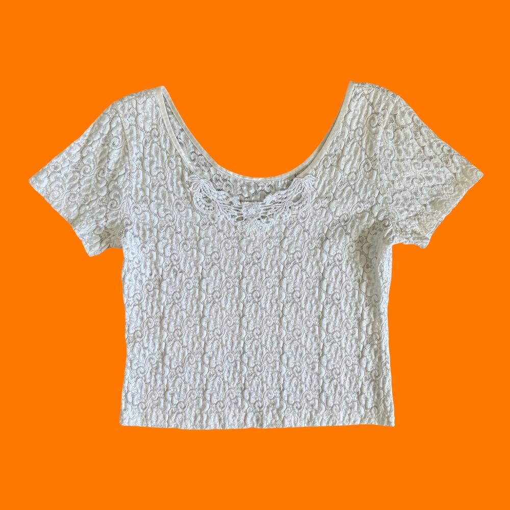 90's vintage white floral lace bodycon top LARGE
